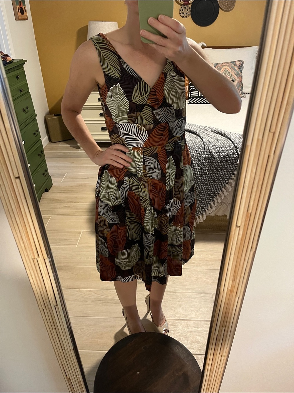 Van Heusen Leaf Print V-Neck Midi Dress - Black, Rust, Olive, Cream